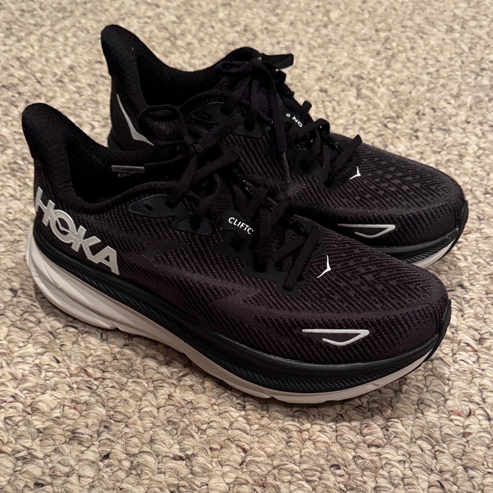 Hoka Black and White Clifton 9 Athletic Shoes